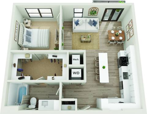 Floor plan for 1 bed, 1 bath, 780 sqft